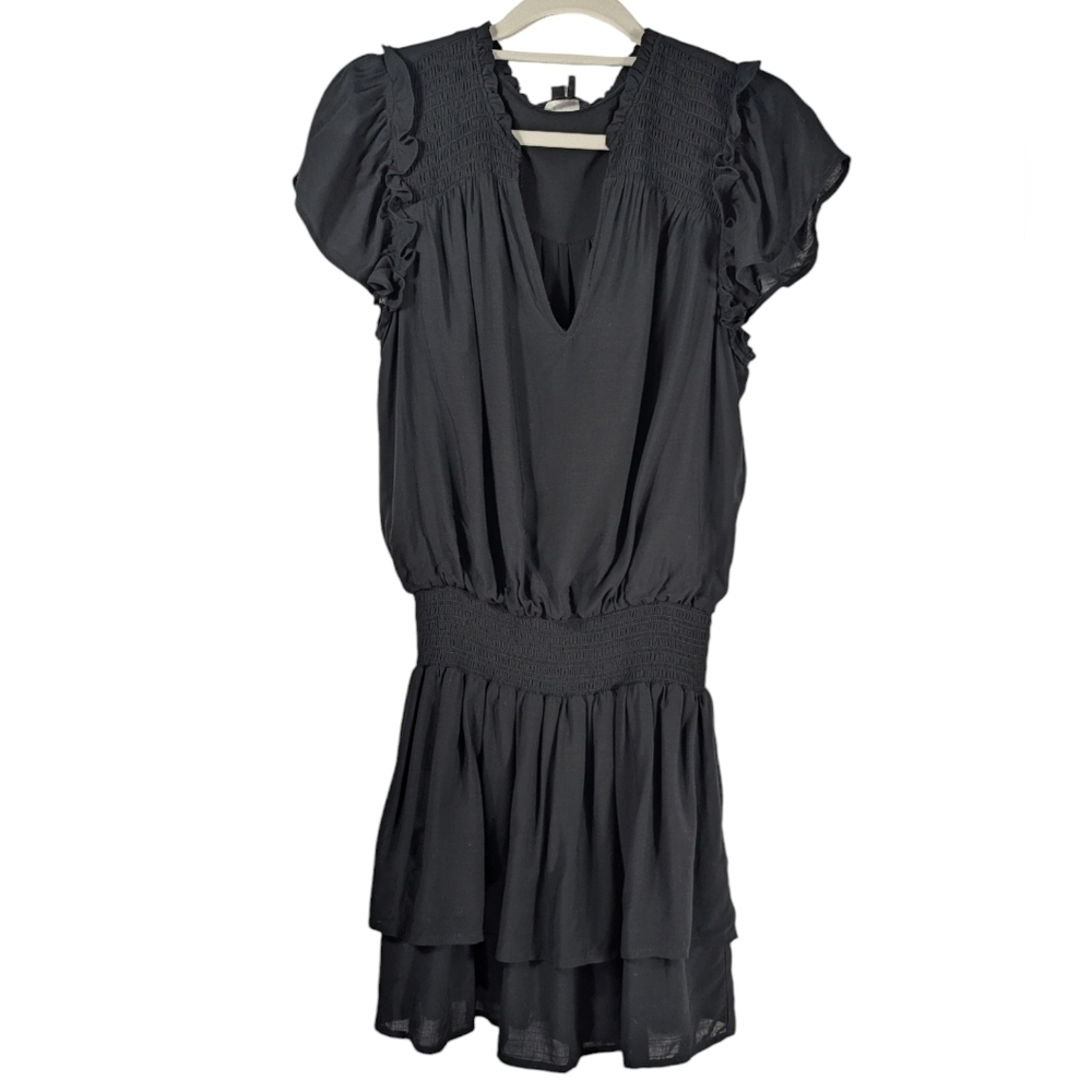 PAIGE Cristina Black Smocked Mini Dress Flutter Sleeve Tiered S - Picture 3 of 15